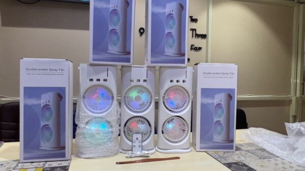 3 in 1 Double Head LED Water Spray Portable Ice Mist Cooling Fan.